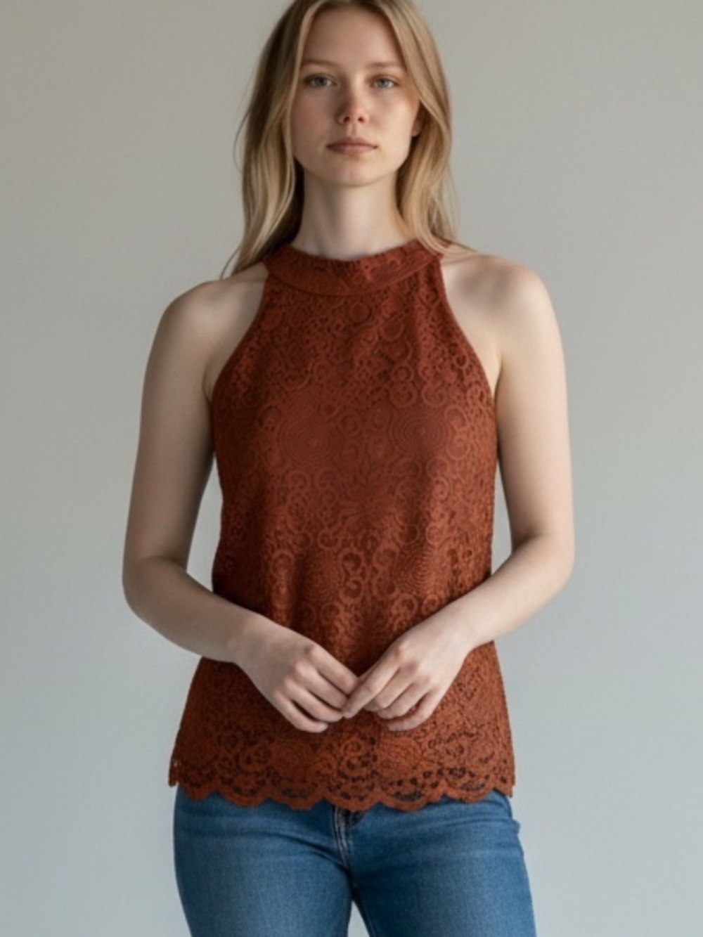 Tempted Burnt Orange Lace Mock Neck Tank Top Size Small